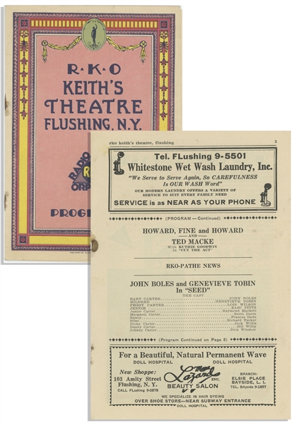 1931 RKO Program Advertising ''Howard, Fine and Howard'' -- 10pp. Program From Flushing's Keith's Franklin Theater Measures 5.25'' x 7.75'' -- Mild Soiling & Separation of Interior Pages at Top Staple